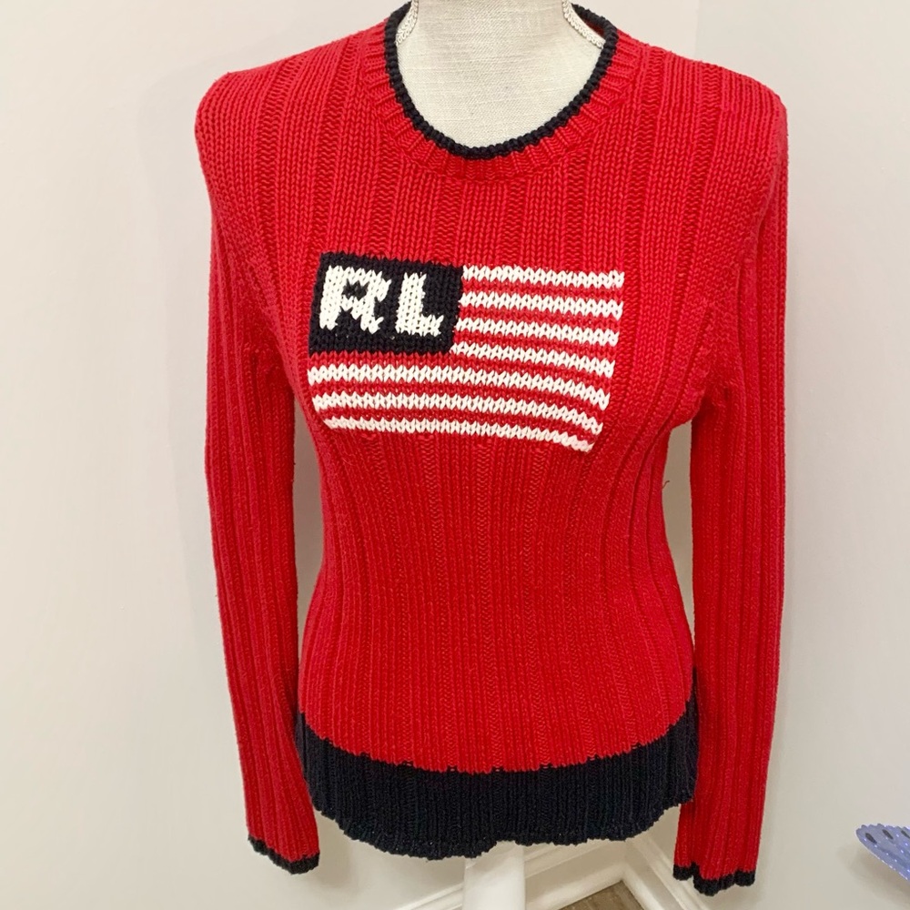 Polo Ralph Lauren Flag Logo Chunky 90s Thick Ribbed Pullover Sweater - M
